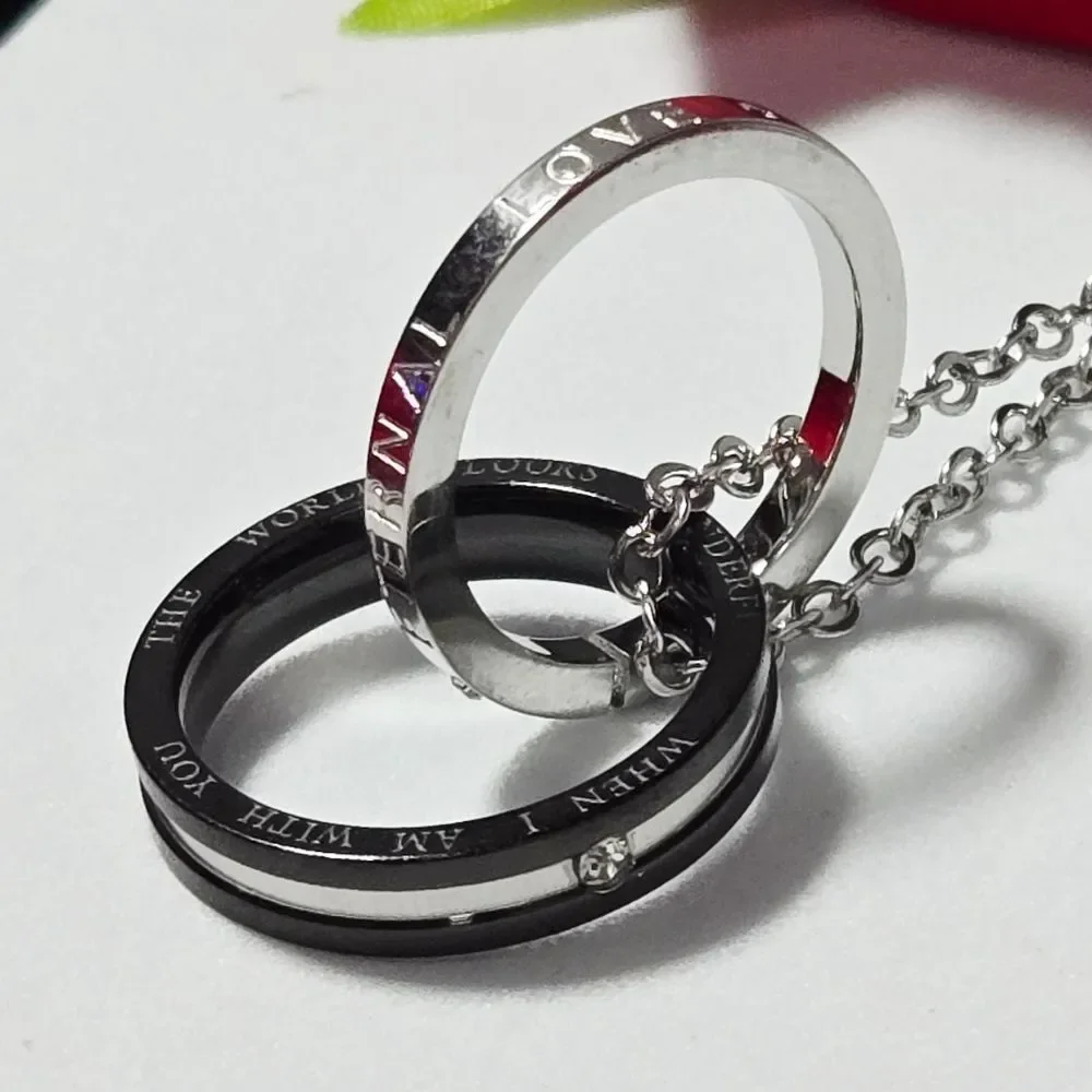 Love Pendant Necklace Two-Tone Interlocking Rings Stainless Steel Couples Gift